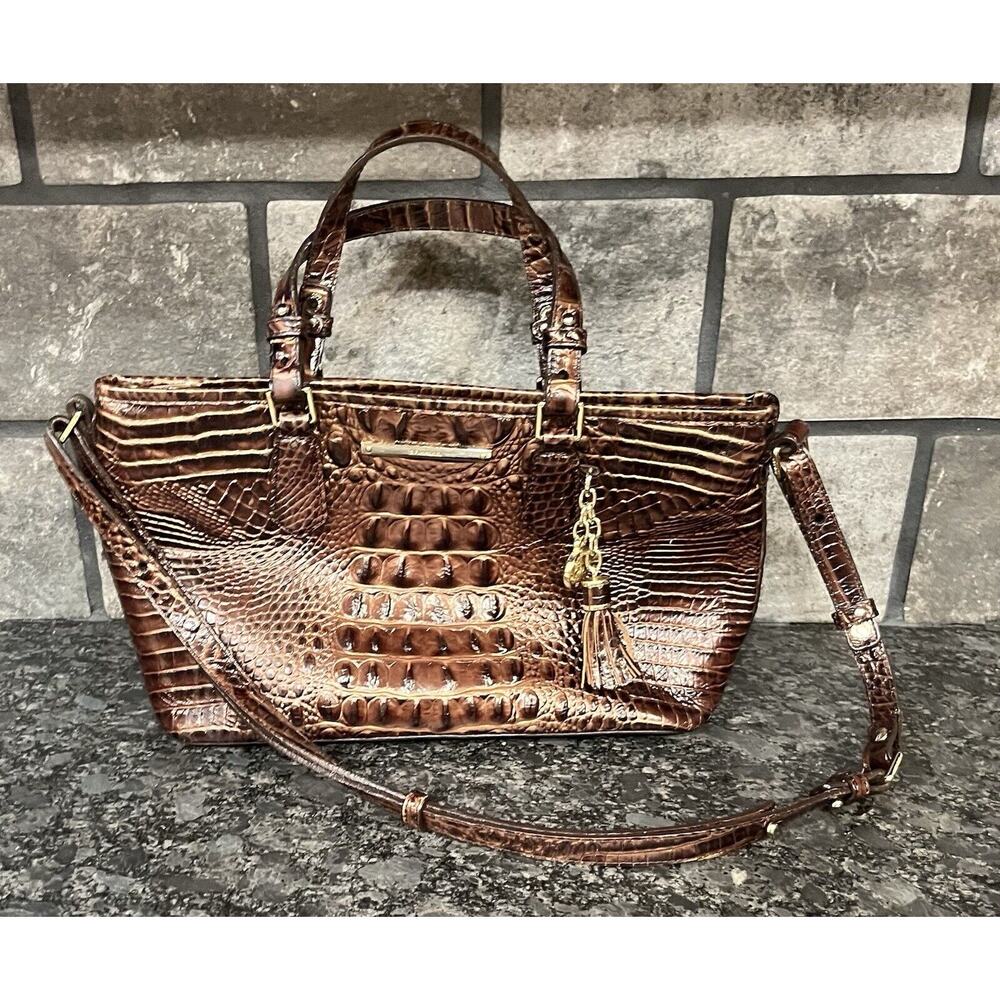 Brahmin Mini Asher Satchel Pecan Melbourne Croc Embossed Crossbody/Double Handle